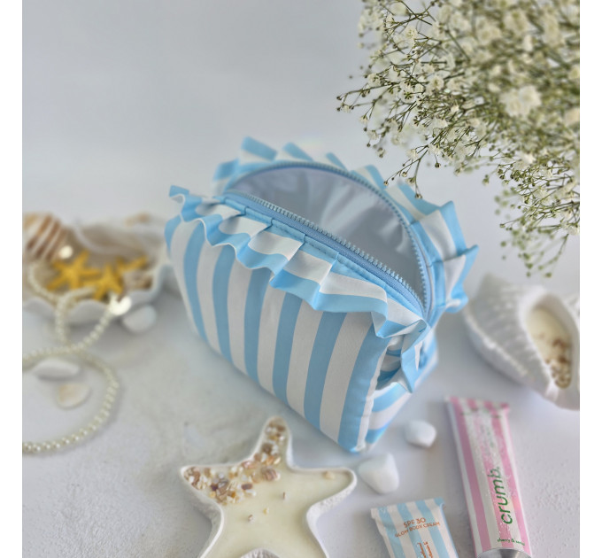 Medium sky-blue striped cosmetic bag with ruffles