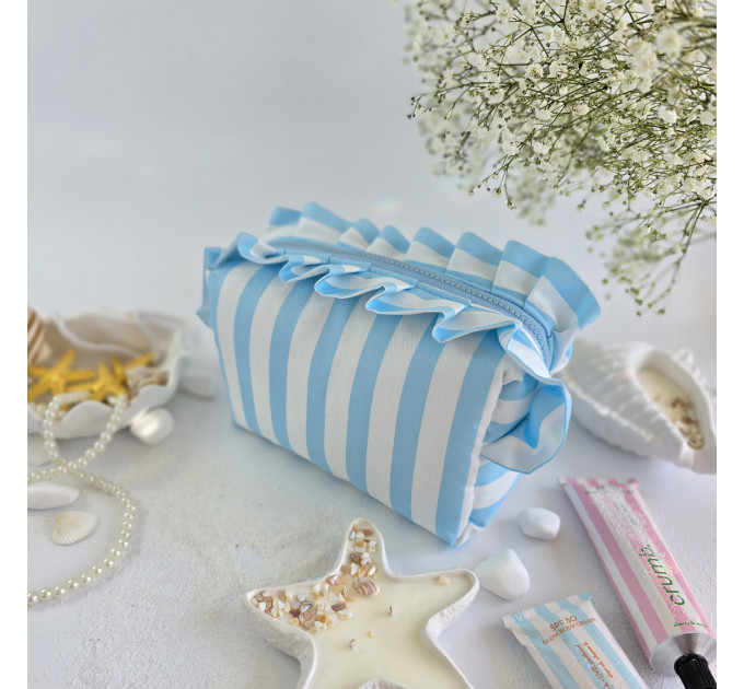 Medium sky-blue striped cosmetic bag with ruffles