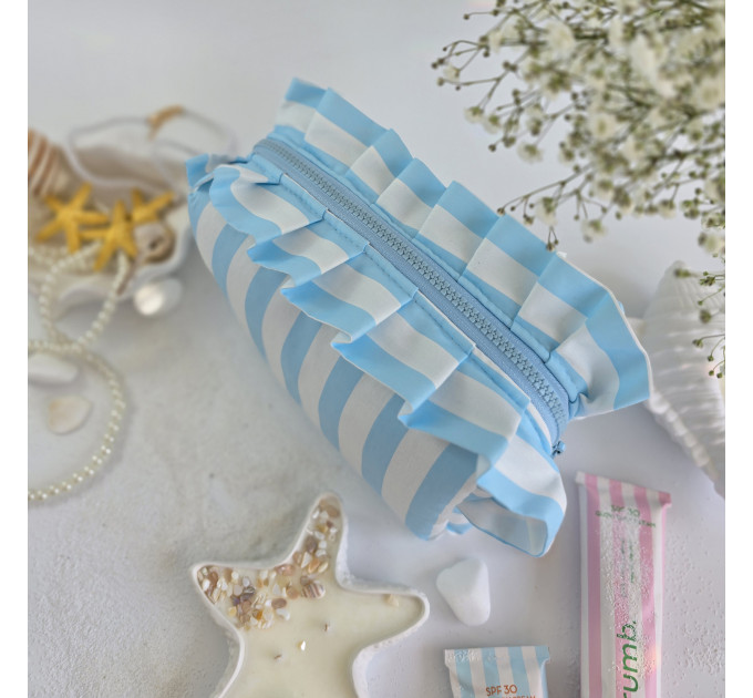 Medium sky-blue striped cosmetic bag with ruffles
