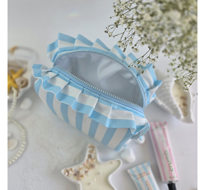 Medium sky-blue striped cosmetic bag with ruffles
