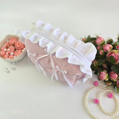 Medium soft pink cosmetic bag with ruffles, bows and pearl-like beads