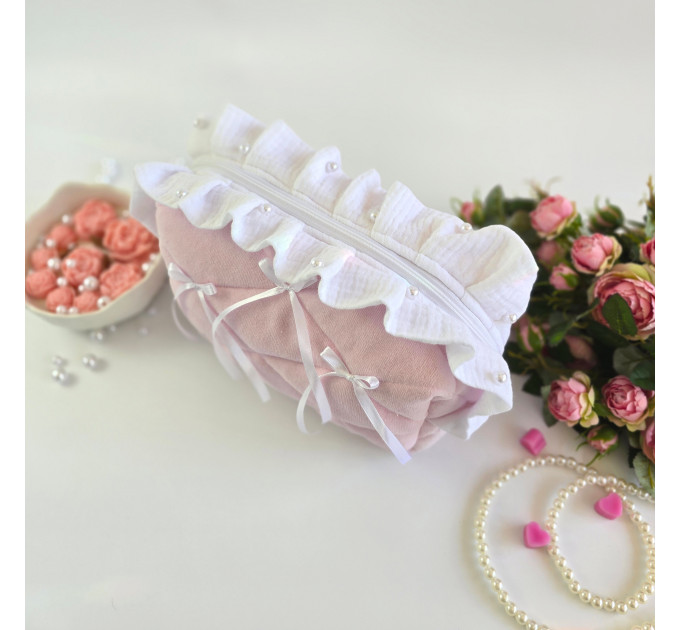 Medium soft pink cosmetic bag with ruffles, bows and pearl-like beads