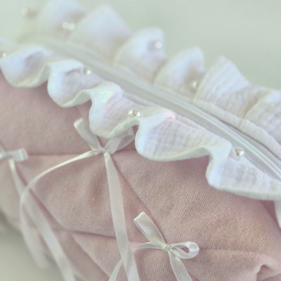 Medium soft pink cosmetic bag with ruffles, bows and pearl-like beads
