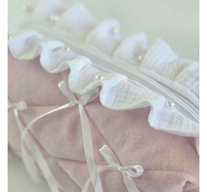 Medium soft pink cosmetic bag with ruffles, bows and pearl-like beads