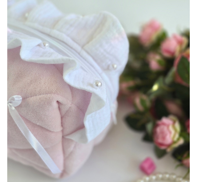 Medium soft pink cosmetic bag with ruffles, bows and pearl-like beads