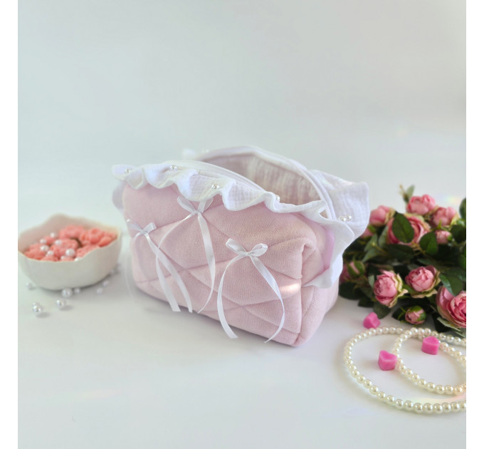 Medium soft pink cosmetic bag with ruffles, bows and pearl-like beads