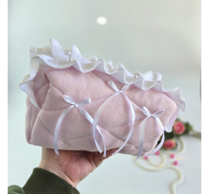 Medium soft pink cosmetic bag with ruffles, bows and pearl-like beads