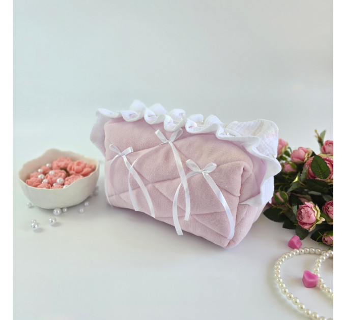 Medium soft pink cosmetic bag with ruffles, bows and pearl-like beads
