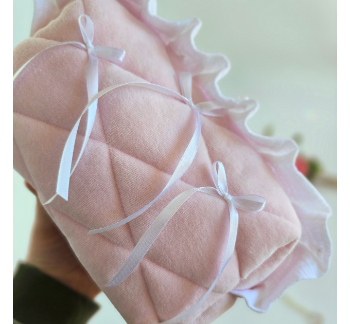 Medium soft pink cosmetic bag with ruffles, bows and pearl-like beads