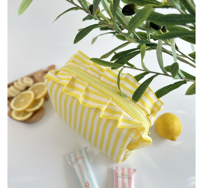 Medium yellow striped cosmetic bag with ruffles