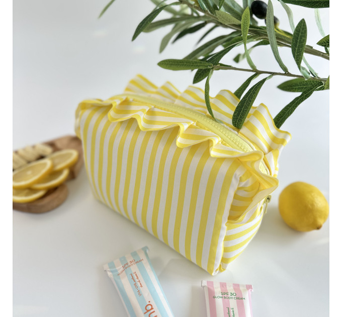 Medium yellow striped cosmetic bag with ruffles