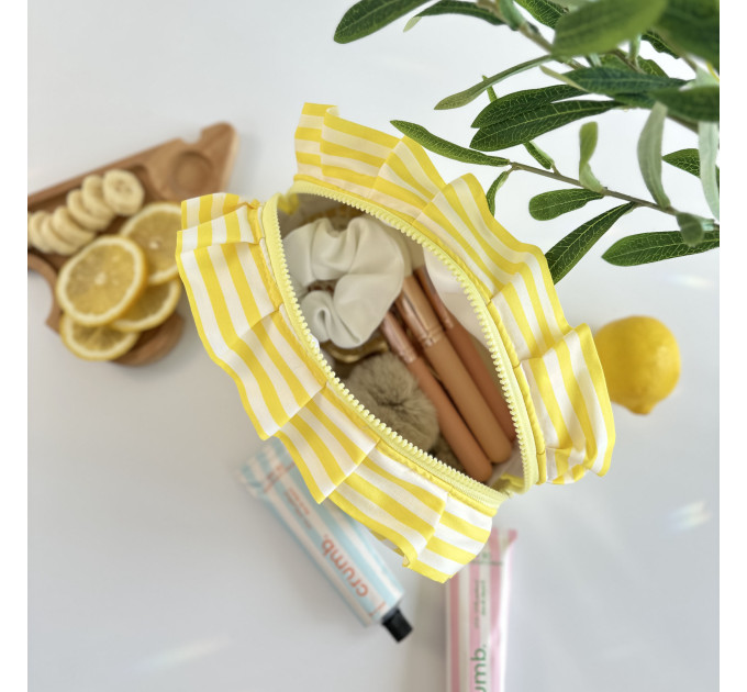Medium yellow striped cosmetic bag with ruffles