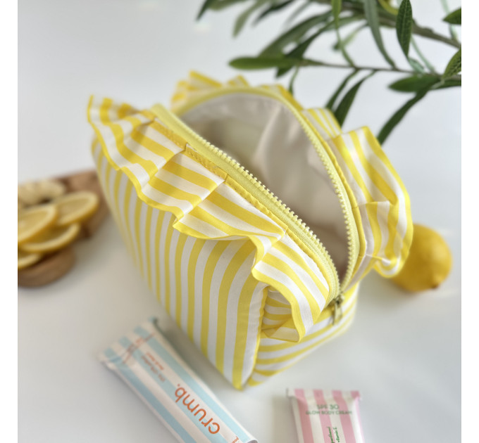 Medium yellow striped cosmetic bag with ruffles