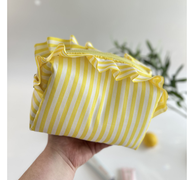 Medium yellow striped cosmetic bag with ruffles