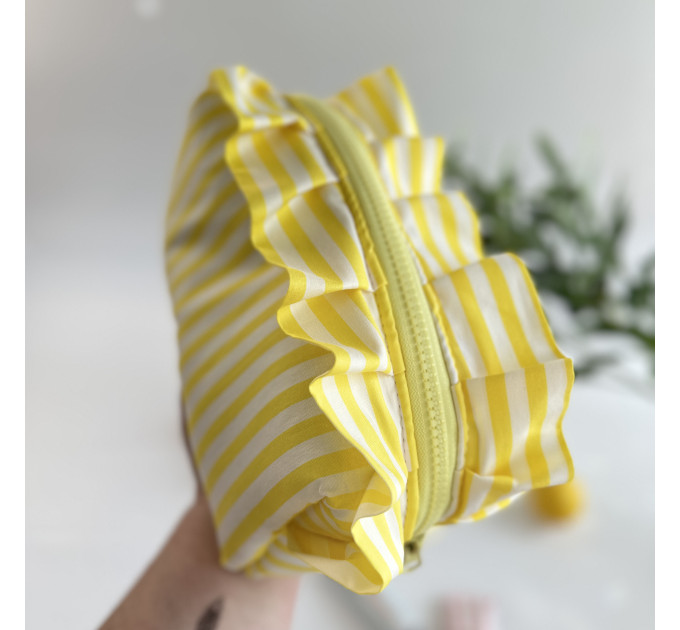 Medium yellow striped cosmetic bag with ruffles