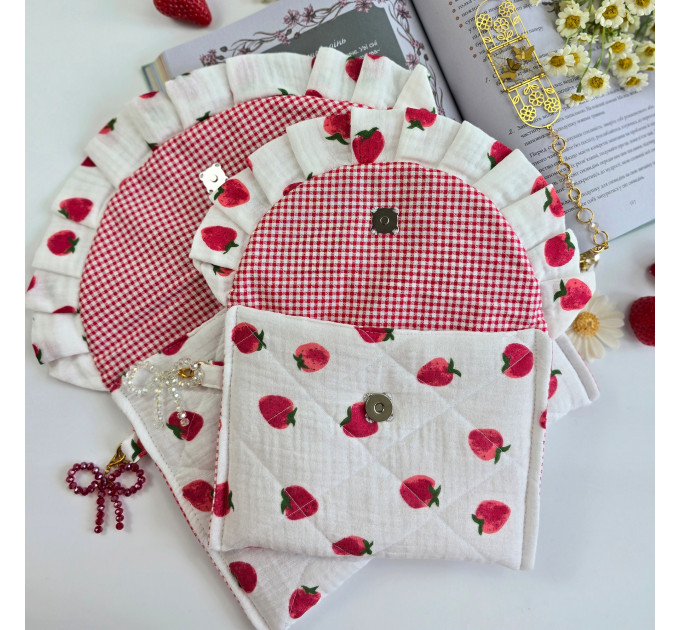 Strawberry book sleeve with ruffles and magnetic closure