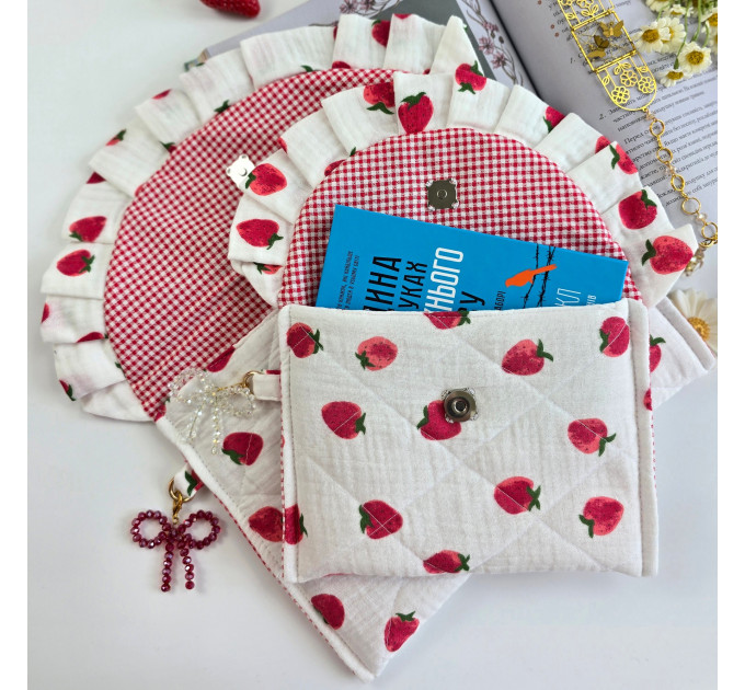 Strawberry book sleeve with ruffles and magnetic closure