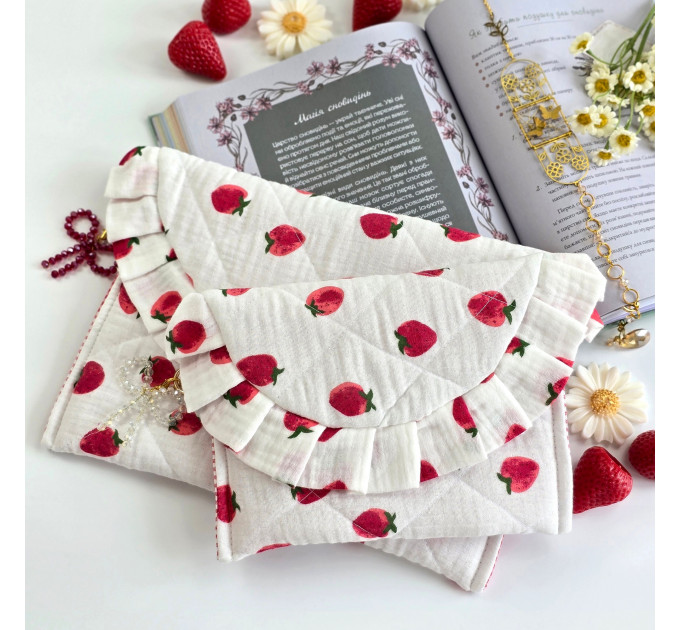 Strawberry book sleeve with ruffles and magnetic closure