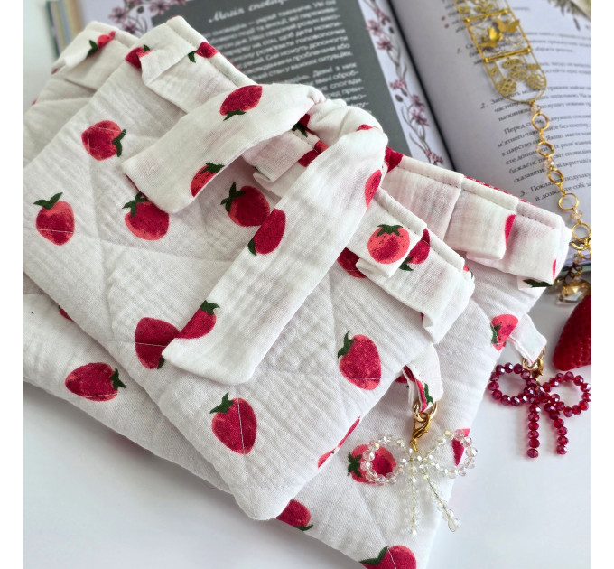 Strawberry book sleeve with ruffles on ties 