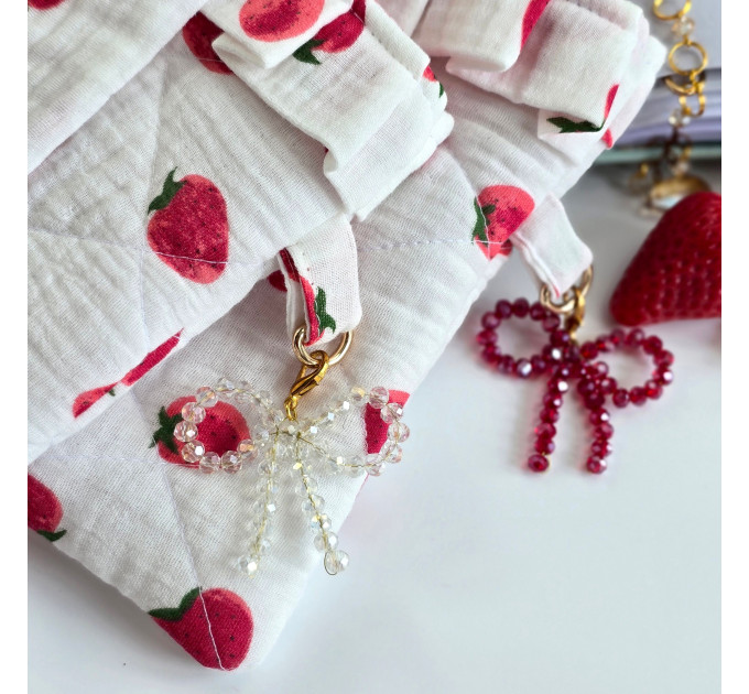 Strawberry book sleeve with ruffles on ties 