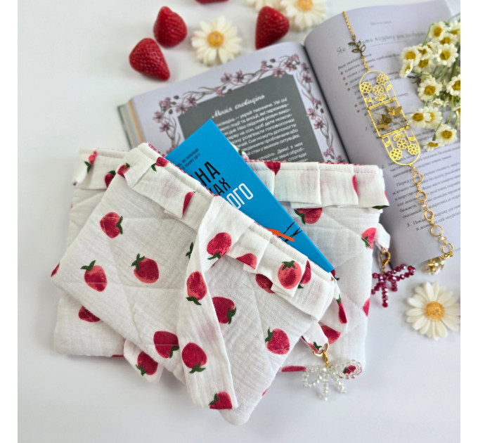 Strawberry book sleeve with ruffles on ties 