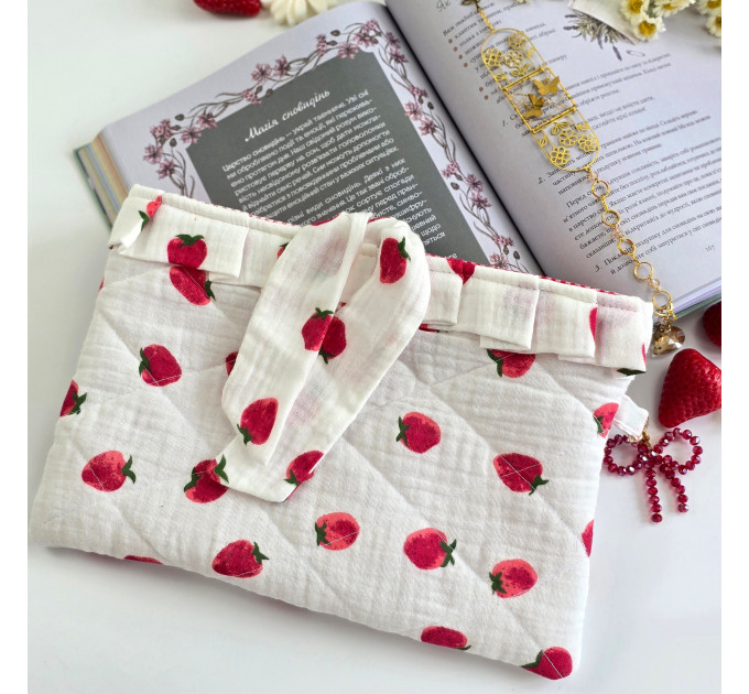 Strawberry book sleeve with ruffles on ties 