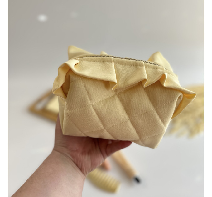 Small butter yellow cosmetic bag with ruffles