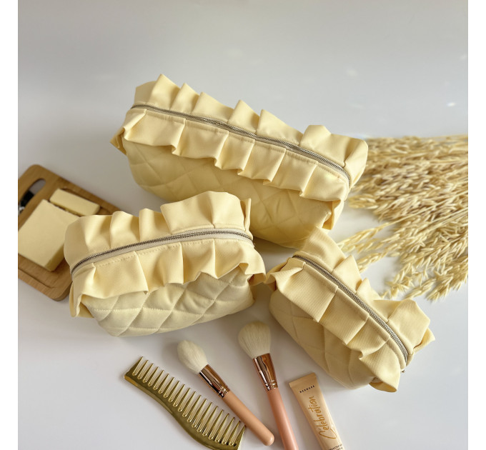 Small butter yellow cosmetic bag with ruffles