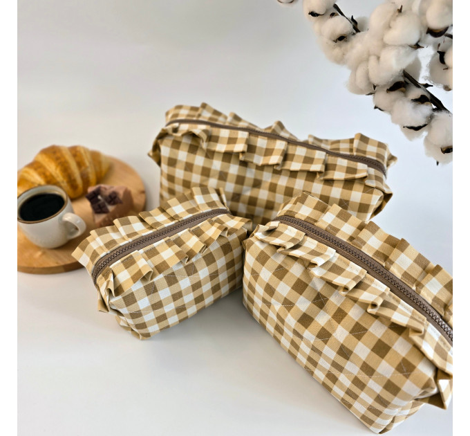 Small checkered brown cosmetic bag with ruffles
