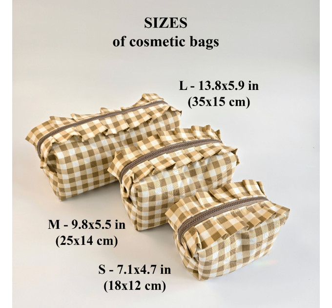 Small checkered brown cosmetic bag with ruffles