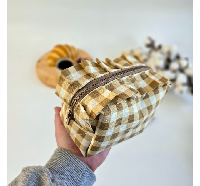 Small checkered brown cosmetic bag with ruffles