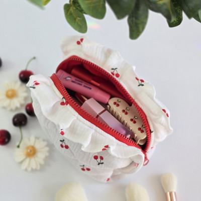 Small cherries cosmetic bag with ruffles