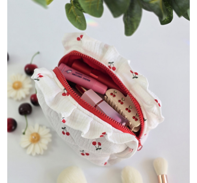 Small cherries cosmetic bag with ruffles