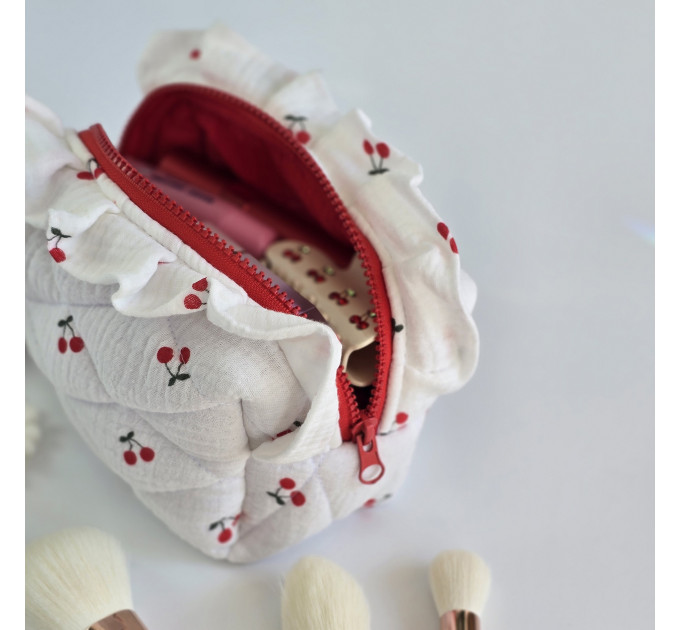 Small cherries cosmetic bag with ruffles