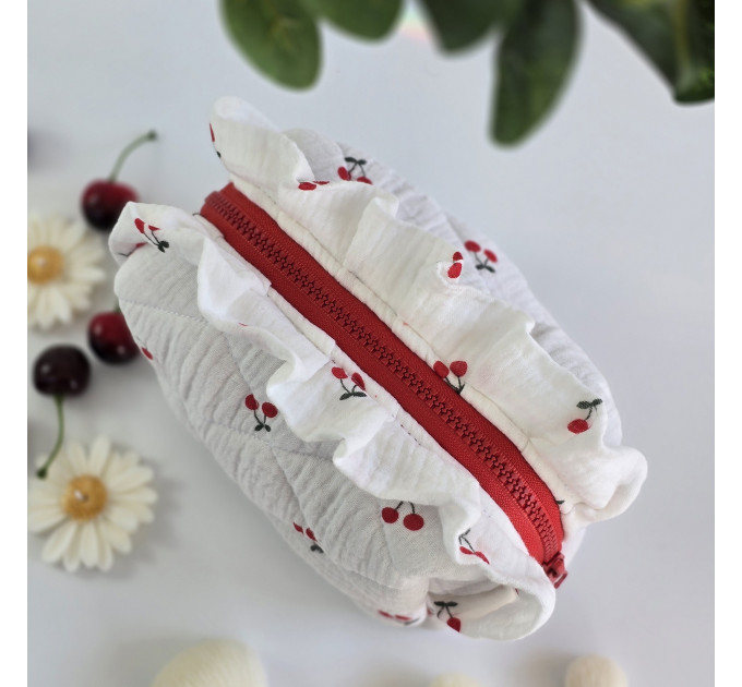 Small cherries cosmetic bag with ruffles