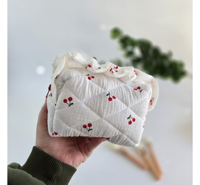 Small cherries cosmetic bag with ruffles