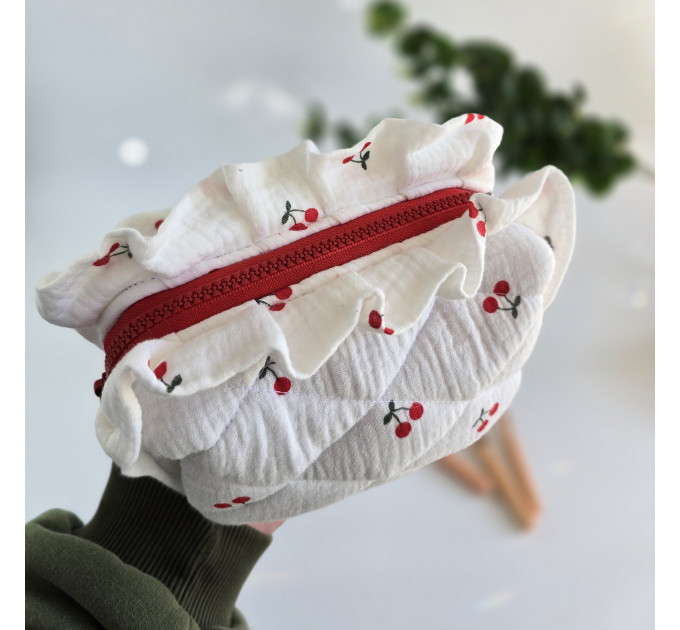 Small cherries cosmetic bag with ruffles