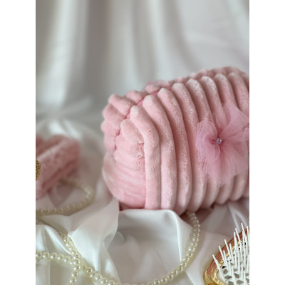 Small pink plush cosmetic bag with bows