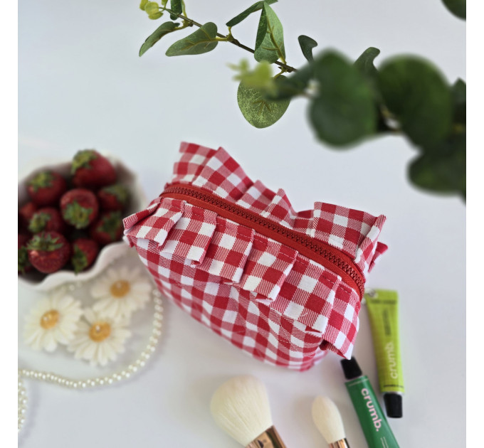 Small red gingham cosmetic bag with ruffles