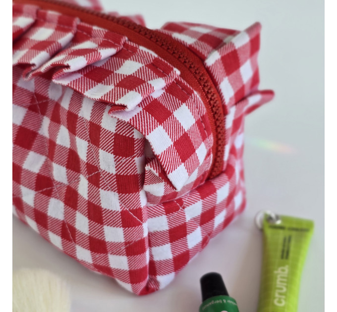 Small red gingham cosmetic bag with ruffles