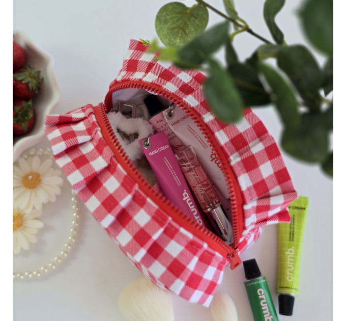 Small red gingham cosmetic bag with ruffles