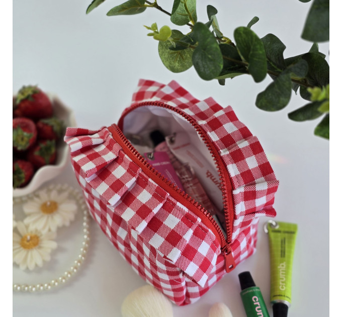 Small red gingham cosmetic bag with ruffles