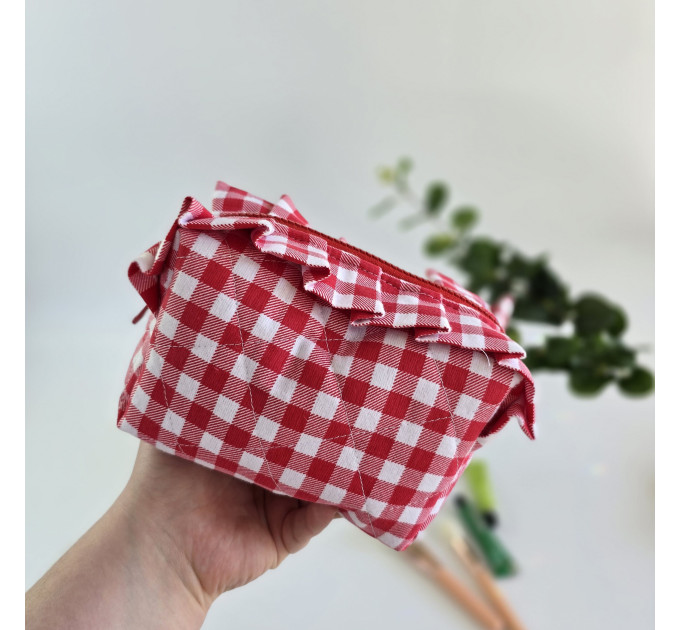 Small red gingham cosmetic bag with ruffles