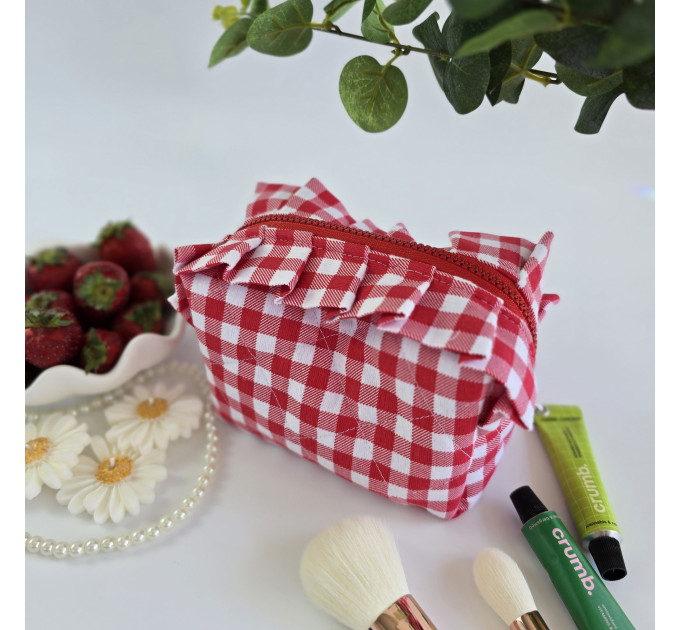 Small red gingham cosmetic bag with ruffles