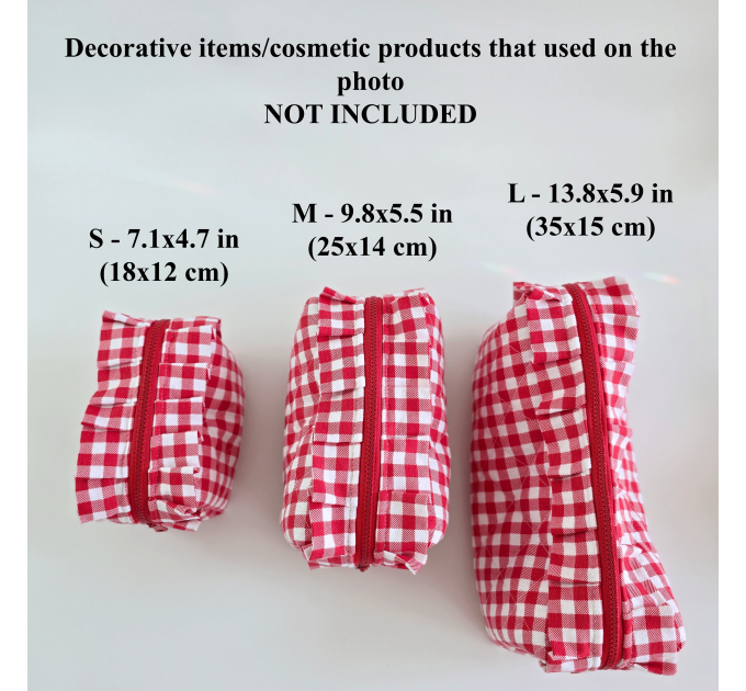 Small red gingham cosmetic bag with ruffles