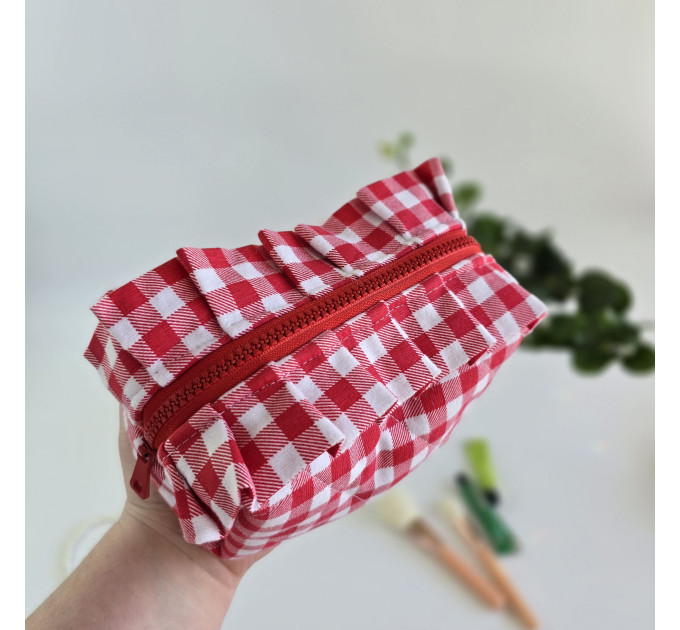 Small red gingham cosmetic bag with ruffles