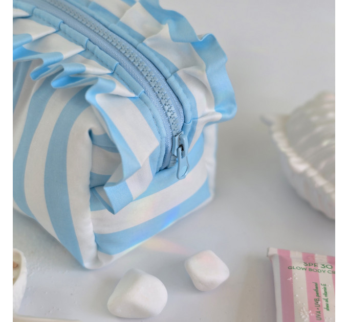 Small sky-blue striped cosmetic bag with ruffles