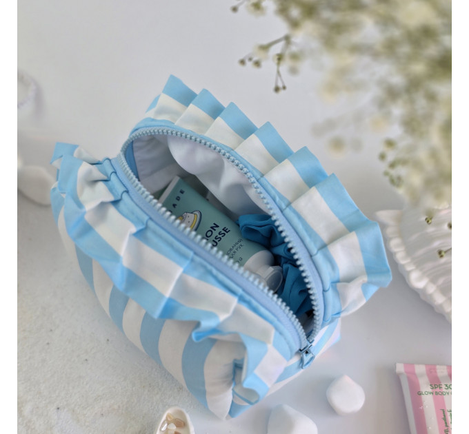 Small sky-blue striped cosmetic bag with ruffles