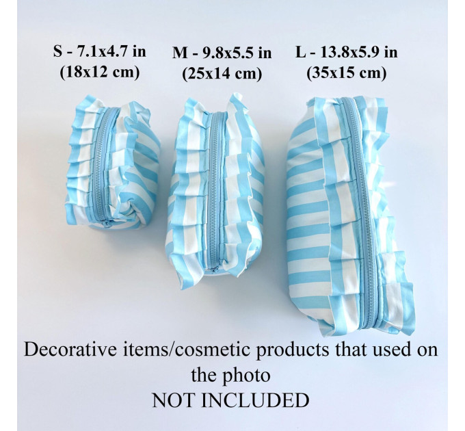 Small sky-blue striped cosmetic bag with ruffles