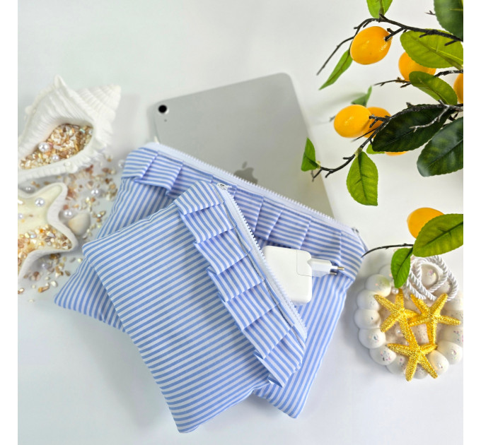 Blue striped Tablet sleeve with ruffles